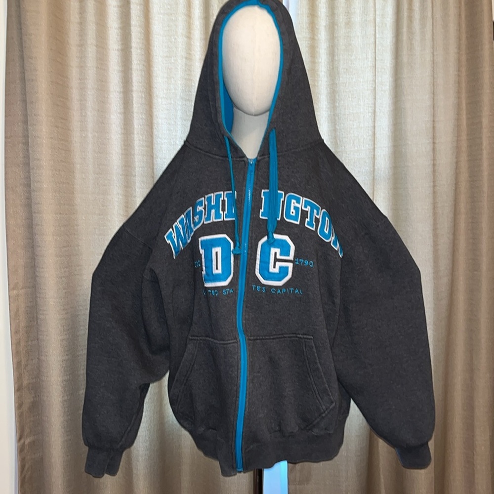 Washington DC Gray and Blue Hooded Zip Up Jacket with Pockets Mens XXL